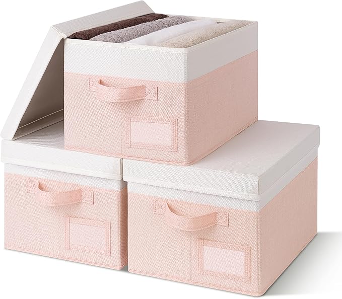 GRANNY SAYS Storage Bins with Lids, Storage Boxes for Organizing, Storage Baskets with Label, Closet Organizers and Storage, Storage Bins for Shelves, Decorative Storage Boxes, 3-Pack, Pink&Ivory