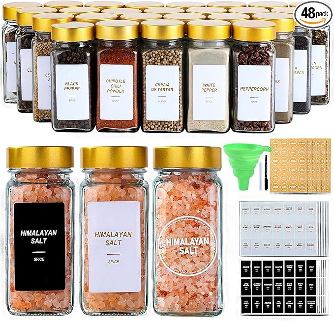 Glass Spice Jars with Label, 48 Pcs Spice Jars with Shaker Lids-4 oz Gold Spice Seasoning Jars Bottles Containers Set for Spice Rack (48)