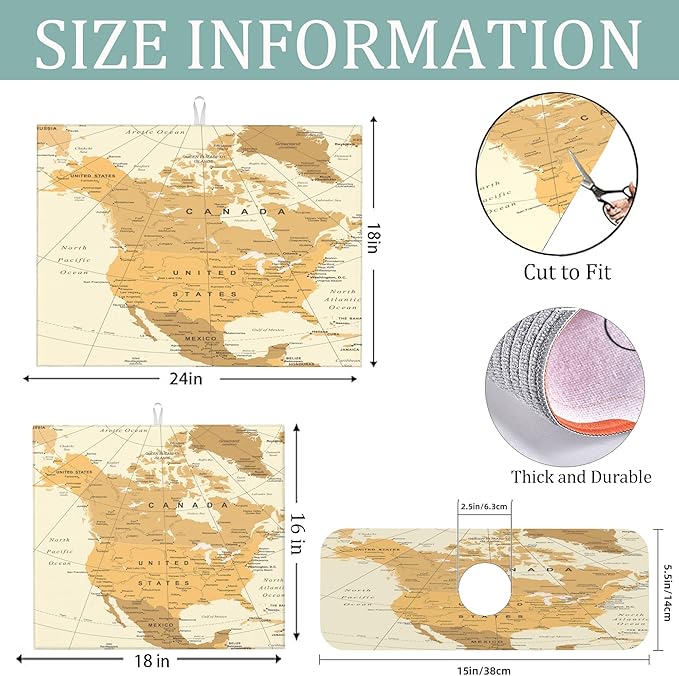 Set of 3 World Map Dish Drying Mat & Kitchen Sink Splash Guard Faucet Mat For Kitchen Counter Absorbent Microfiber Dishes Pad Dish Drainer Rack Mats Fast Dry Kitchen Accessories