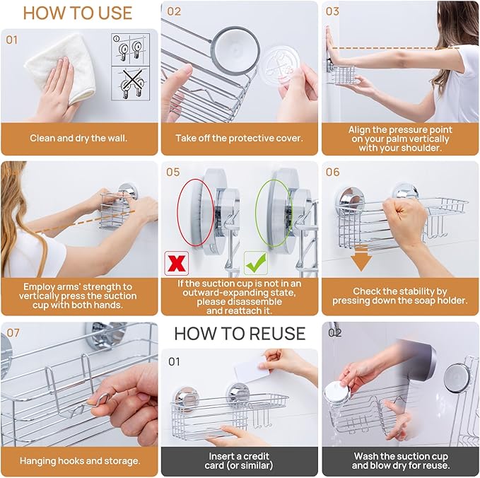 LEVERLOC Shower Caddy Suction Cup, 3 Pack Heavy Duty Bathroom Organizer for Inside Shower with Hooks & Soap Holder, Removable Bathroom Holder