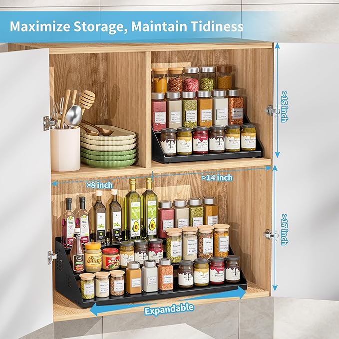 Spice Organizer, Spice Rack for Expandable 3-Tier, Spice Organization for Cabinet Expandable Width and Adjustable Height, Seasoning Organizer for Cabinet, Countertop, Pantry, Black