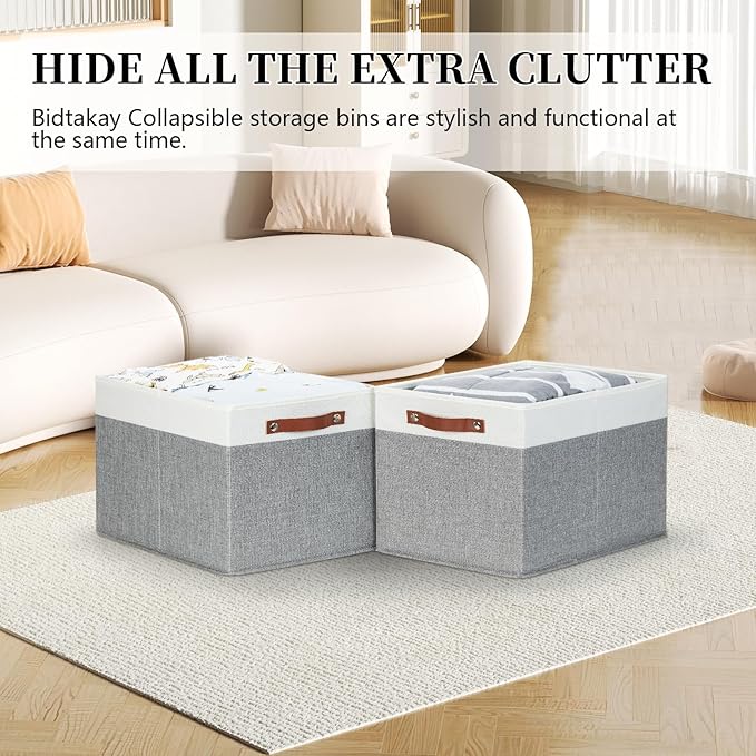 Bidtakay Storage Bins 4-Pack Collapsible Fabric Storage Baskets for Organizing 15x11x9.5 Inches White/Light Grey