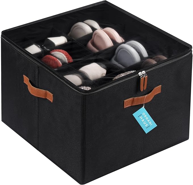 OrganiHaus Shoe Organizer for Closet and Entryway, Fits up to 16 Pairs, Large Shoe Storage Box, Collapsible Shoes Storage Bin, Shoes Container w/Reinforced Handles and Clear Cover - Black