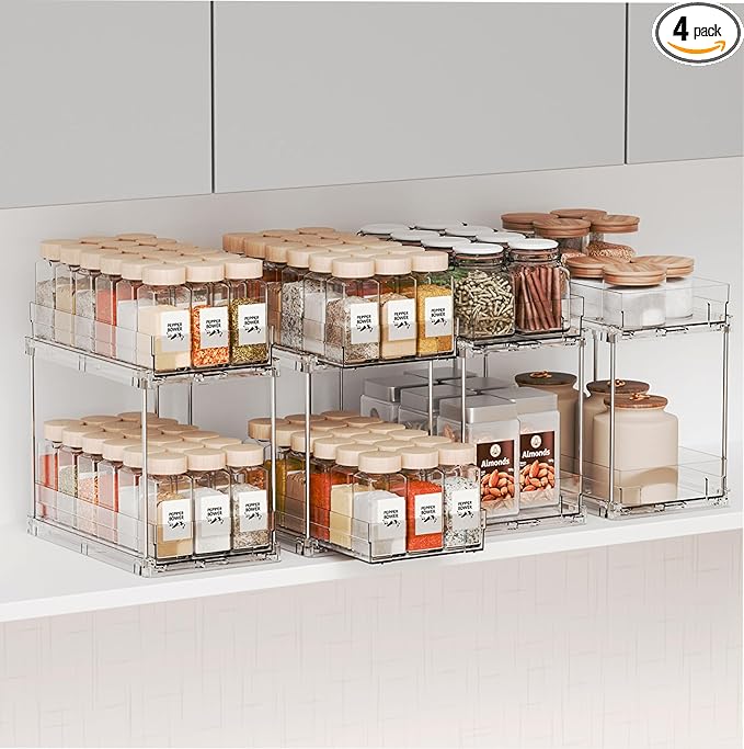Yieach 4 Pack 2 Tier Vertical Spice Rack Pull Out,10.4'' Deep Narrow Slide Out Spice Rack Organizer for Inside Cabinets,Kitchen,Pantry,Cupboard Seasoning,Can,Jar Organizer and Medicine Cabinet Storage