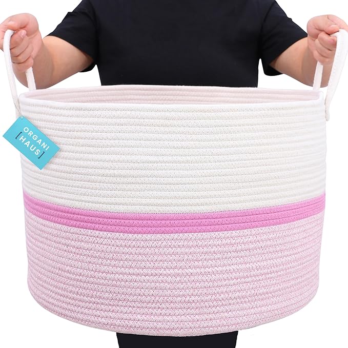 OrganiHaus Large Woven Storage Basket for Blankets and Toys 20" x 13" Inch, Rope Laundry Basket with Handles, Cushions & Pillows Storage Bin, Nursery Hamper, Soft Round Dog Toy Bin - Pink Stripe