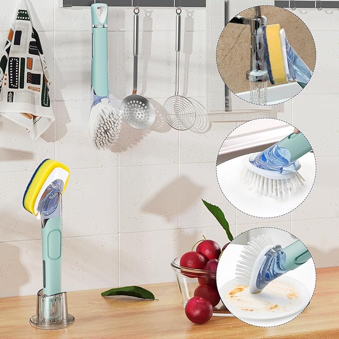 Dish Brush with Soap Dispenser Storage Set with 2 PCS Brush Refills & Holder, Dish Scrubber with Soap Dispenser, Dish Soap Brush, Dish Wand with Soap Dispenser for Dishes, Pans, Sink, Pots(Blue)