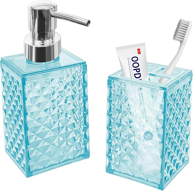2PCS Cyan Bathroom Accessories. Contain Soap Dispenser and Toothbrush Holder Set. Boho Bathroom Set for Blue Bathroom Décor