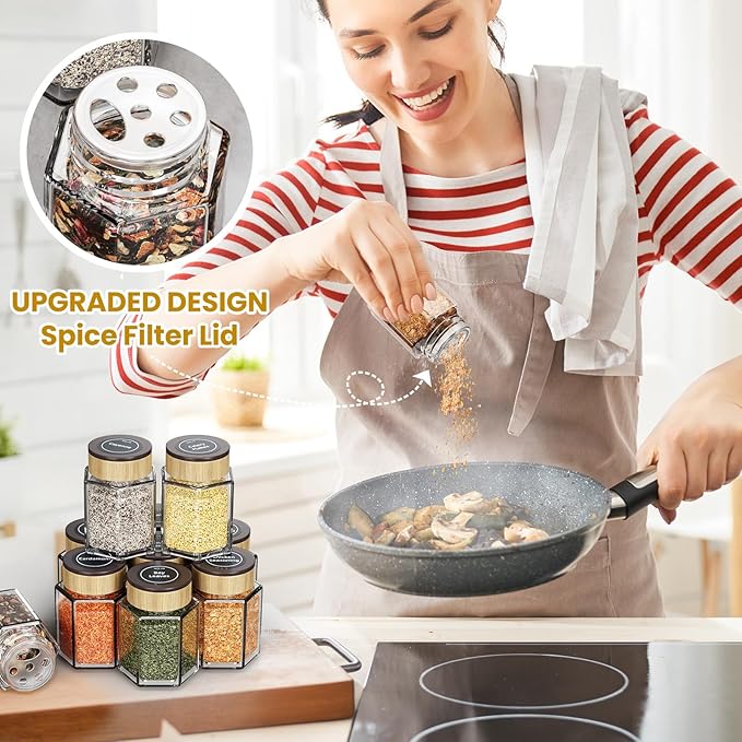 Set of 18 Magnetic Glass Spice Tins with 100 Preprinted Seasoning Label Stickers (Include Black Metal Wall-Plates)