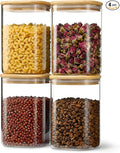 D2scrma 37oz Airtight Glass Square Storage Canister with Bamboo Lid Set of 4 (1100ml) Container Stackable Jar, Kitchen Canister for Pantry Noodles, Flour and Coffee beans (‎with Black Lable)