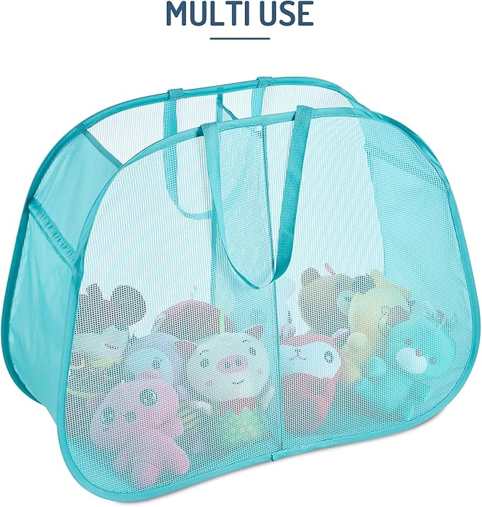 Seiritex Mesh Popup Laundry Hamper 2 Compartment, Collapsible Laundry Sorter Basket Foldable Hamper for Clothes, College Dorm, Travel (Turquoise Blue)