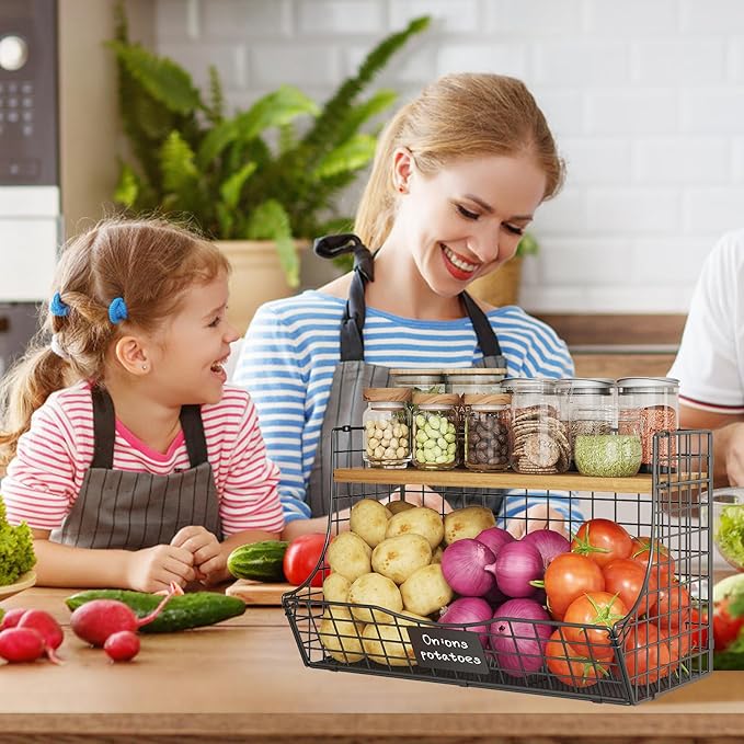 Extra Large Fruit Basket for Kitchen with Wood Lid Nameplate - Counter&Wall Mounted Onion and Potato Storage Bin, Stackable Metal Hanging Wire Baskets kitchen countertop organizer Pantry 3 Pack
