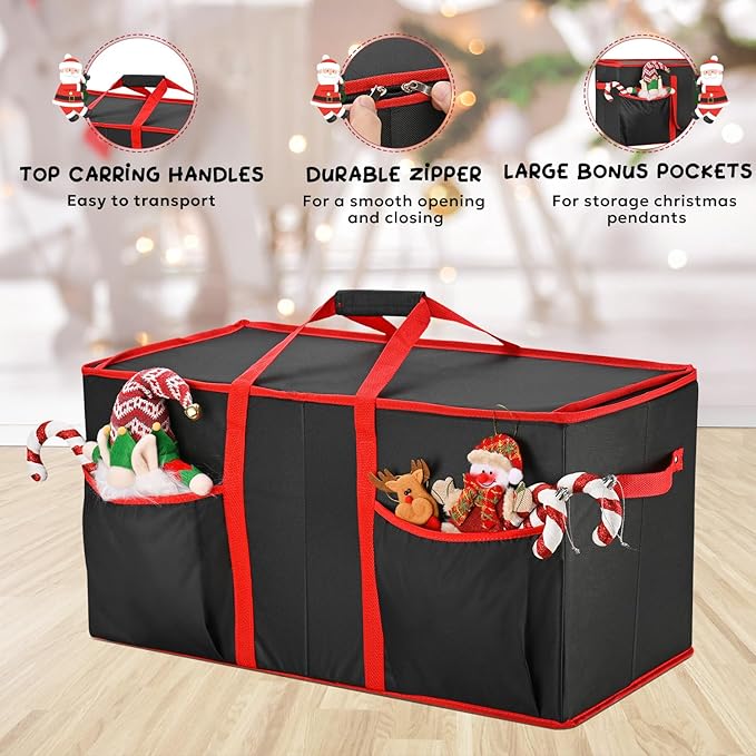 Mrrihand Christmas Ornament Storage Box, Ornament Storage Container with 8 Trays-Xmas Decoration Organizer Keeps 128 Holiday Ornaments 3-Inch, Dual Zipper Closure, 600D Tear-Proof（Black）