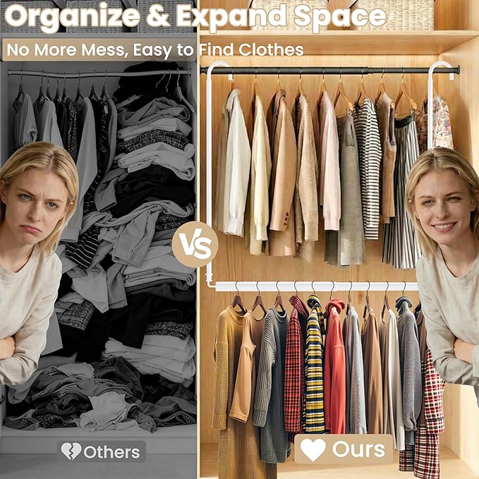 Stepless Extender Closet Hanging Rod - Heavy Duty Closet Rods for Hanging Clothes, Adjustable Width & Height, Space-Saving White Closet Organizer for Hanging & Drying Clothes, Easy to Install