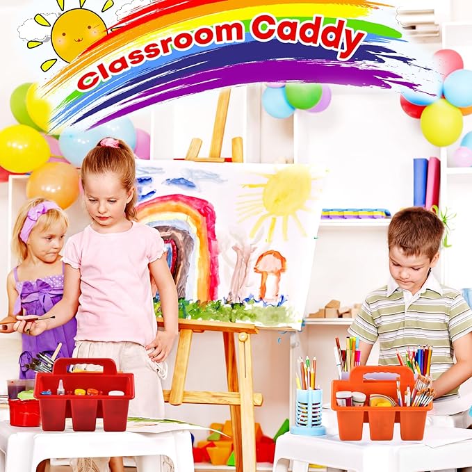 ALINK Classroom Caddy Storage Basket with Handle, 6 Pack Plastic Arts Office Crafts Caddy 4 Compartments for Kids, Pencil, Crayon, Marker, School Supplies, 6 Colors