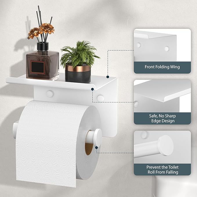 Toilet Paper Holder with Shelf, Adhesive or Screw Wall Mount Toilet Paper Roll Holder for Bathroom, Rustproof 304 Stainless Steel Toilet Roll Tissue Holder Dispenser with Phone Shelf (1, White)