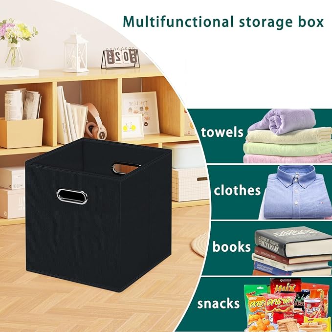 Foldable cube storage bins, Fabric Storage Box Cubes Organizer Baskets with Dual Handles for Home Organizer,Shelves,Closet,Set of 10,(Black)