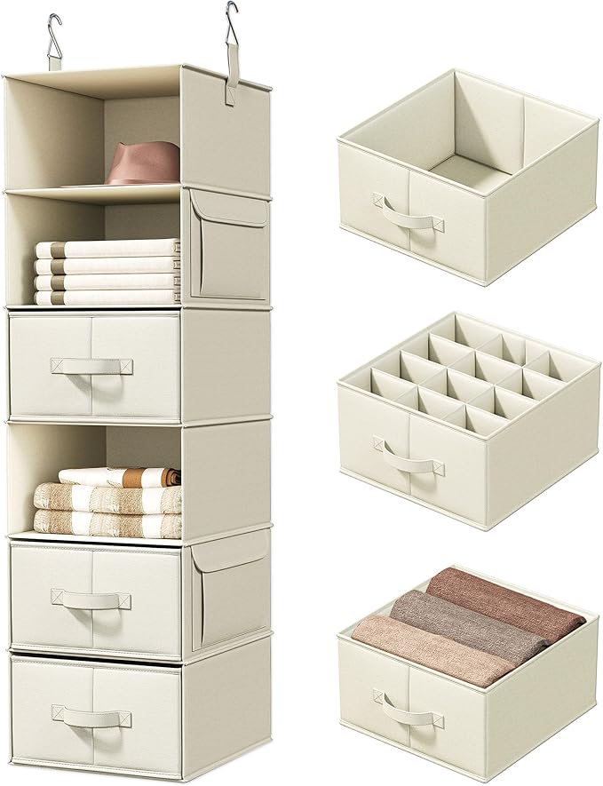 Vailando 6-Shelf Hanging Closet Organizer with 3 Drawers, 6-Shelf Inseparable Closet Organizers and Storage for Wardrobe Organization, Hanging Dresser for Nursury & Dorm Clothes Organizer, Beige