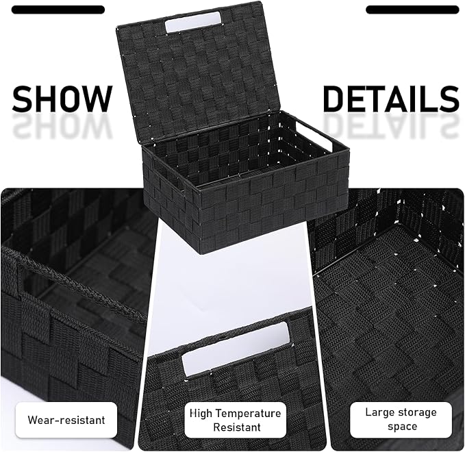 Storage Bins Woven Organizer with Lids Set of 5 – Polypropylene Storage Baskets with Metal Frame, Stackable Fabric Boxes for Drawers, Closet, Shelf, Nursery and Office, Black