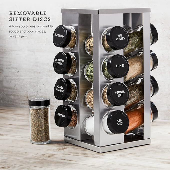 Kamenstein 16 Jar Heritage Revolving Countertop Spice Rack Organizer with Spices Included, FREE Spice Refills for 5 years, Brushed Stainless Steel with Black Caps | Revolving, Organizer, with Spices Included, with Black Caps
