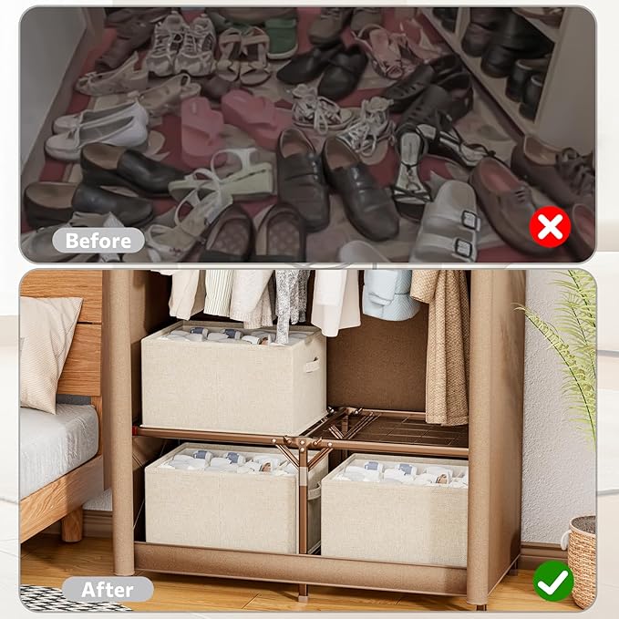 2 Pack Shoe Organizer for Closet, Fits 16-32 Pairs Fabric Shoe Storage Bins Large Shoe Box Storage Containers with Bottom Support for Shoes Space Saving Shoes Holder (Beige, 19.7*15.7*11.8in)