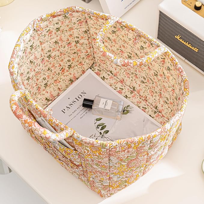vctops Boho Cotton Quilted Storage Basket for Organizing, Basket Organizer Gift Baskets with Handles, Storage Bins for Toys, Books, Towels, and Clothes, Collapsible Fabric(Pattern F,13"x10.6"x10")