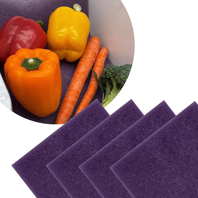 Bluapple FreshMats, Refrigerator Bin Liner, Fridge Drawer Mats, Crisper Life Extender Liner Keeps Produce Fresh Longer, Anti-Bruising, for Air Circulation, Washable & Reusable (4-Mats, 12x15, Purple)