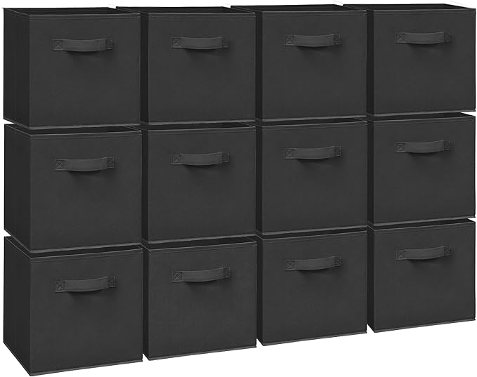 Easi 11 inch Cube Storage Bins, 12 Storage Cube Organizer, Collapsible Fabric storage cubes with Handles, Closet Storage Basket For Organization, Shelf Basket For Shelves Clothes Books, Black