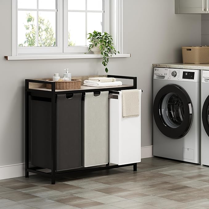 Laundry Hampers with Shelf, Laundry Basket 3 Section, Laundry Sorter with Pull-Out Removable Large 3 Color Bags and Movable Wheels, Metal Frame, 3 x 15.87 Gallons (60L), Greige PF04XLZ