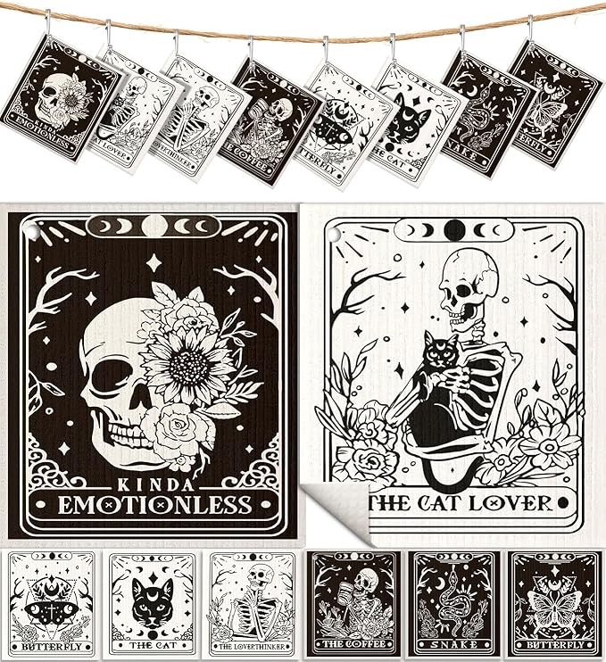 8 Pack Reusable Kitchen Dishcloths - Absorbent, Fast Drying, Washable Swedish Towels with Cute Black Skull Design