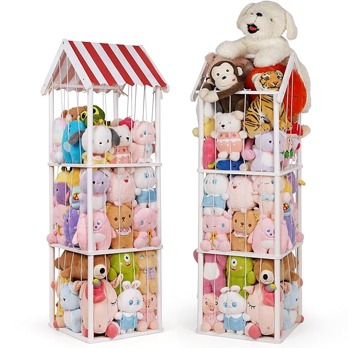 Stuffed Animal Storage, Space Saving Vertical Stuffed Animal Holder Wood, Easy Assembly Cottage-Style Plush Toys Organizer for Kids Bedroom & Playroom (White, Large)