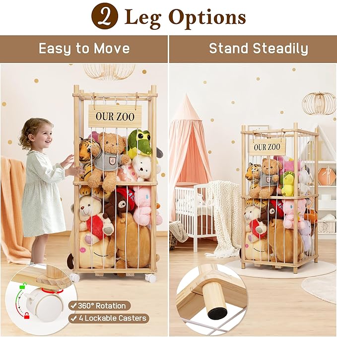 Stuffed Animal Storage Zoo, Wooden Stuffed Animal Organizer with Removable Wheels & 5-Row Elastic Cords, Space-Saving Plush Toy Storage Holder for Playroom, Bedroom, Nursery
