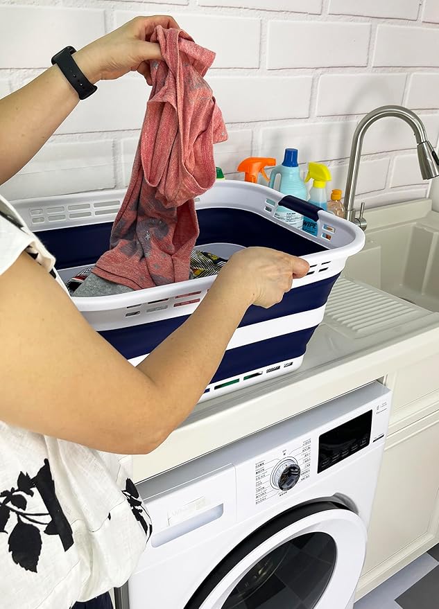 SAMMART 42L (11 Gallons) Collapsible Plastic Laundry Basket - Foldable Pop Up Storage Container/Organizer - Portable Washing Tub - Space Saving Hamper/Basket [BPA Free] (White/Starry Blue)
