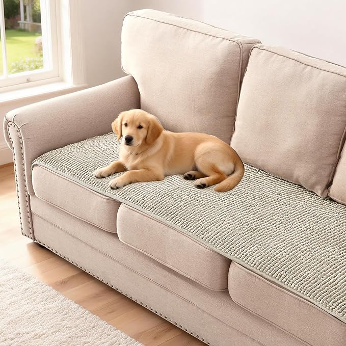 H.VERSAILTEX Plush Chenille Couch Cover for 3 Cushion Couch Anti Slip Washable Sofa Slipcovers Soft and Durable Furniture Protector for Dogs Cats Kids (27.5" x 59", Oatmeal)