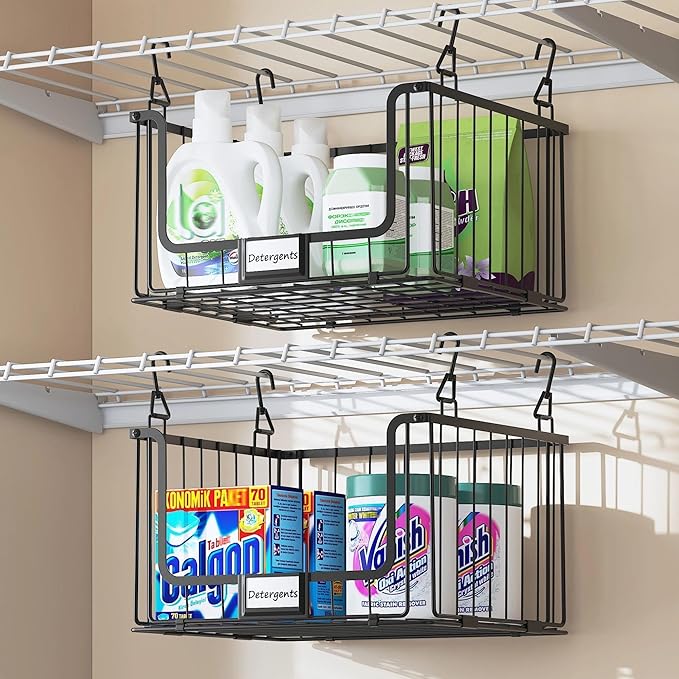 3-Pack Hanging Laundry Organizer, Stackable Wire Shelf Storage with Label Cards, Foldable Metal Baskets with 360°Rotating Hooks,Space-Saving for Laundry Room, Closet & Pantry, 11"×15" Large,Black