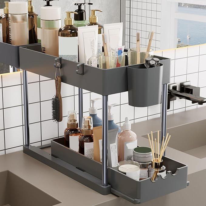 2 Pack Under Sink Organizers and Storage, 2-Tier Sliding Cabinet Organizer Drawer for Bathroom and Kitchen – Multi-Purpose Cabinet Organizer with Easy Pull-Out Design (Grey)
