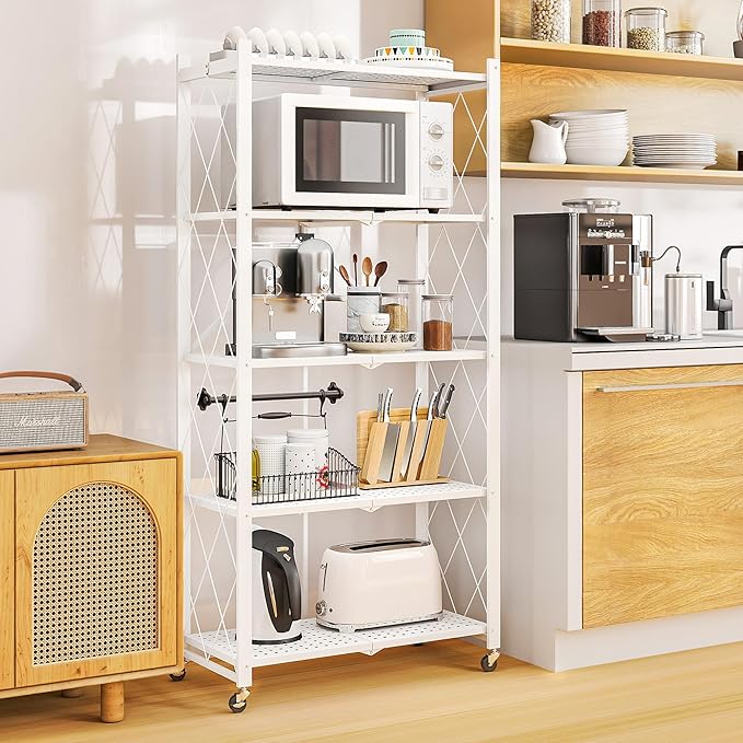 5-Tier Folding Metal Storage Shelf with Wheels, Heavy Duty Organizer Rack Holds 750 lbs, No Assembly Utility Shelving for Kitchen, Garage, Pantry, Living Room, Office (New Upgrade - White, 5 Tier)