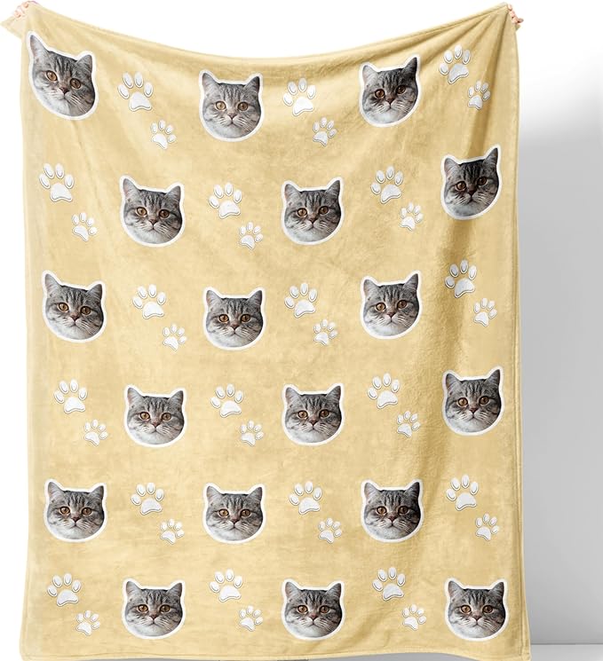Custom Blanket with Funny Cat Face Personalized Soft Warm Fleece Throw Blankets with Paw Bones Customized Throws for Couch Bed Sofa Unique Gifts for Cat Dad Mom Pet Lovers