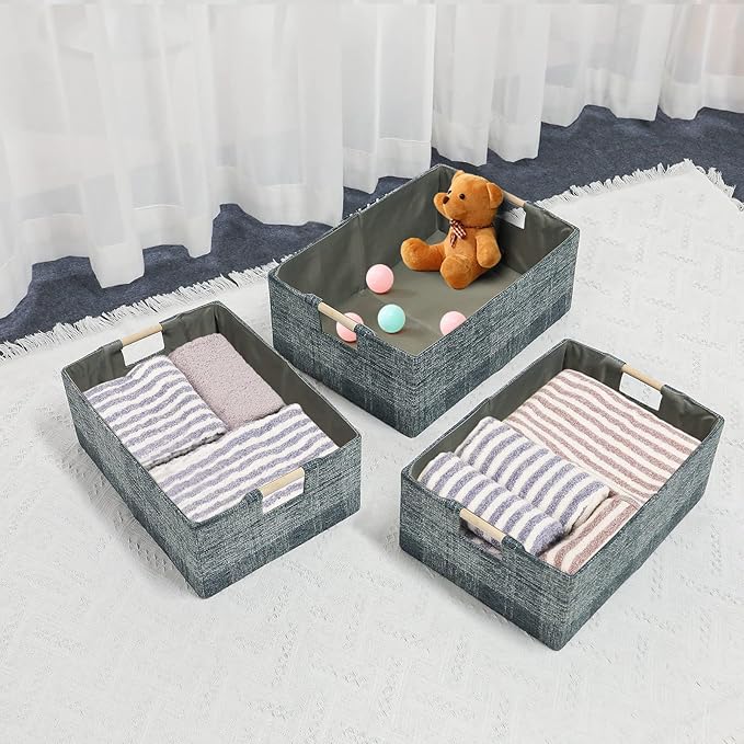 Fabric Storage Bin Box Collapsible Cotton Linen Storage Cube with Wooden Handles Rectangular Decorative Home Organizer Clothes Blanket Basket– Dark Gray Plaid, Small