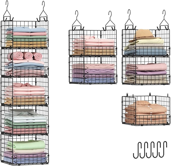 Sonyabecca 5-Tier Hanging Closet Organizer – Black Closet Storage Shelves with Wire Baskets for Clothes, Handbags, Sweaters & Accessories, Includes 2 Hanging Hooks & 5 S-Hooks