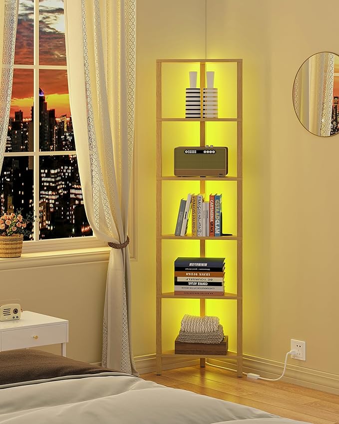 TUTOTAK Corner Shelf with LED Light, 6-Tier Corner Bookshelf for Small Space, Narrow Display Corner Shelf Stand with Storage Rack, for Living Room, Bedroom, Natural BS05BN006L
