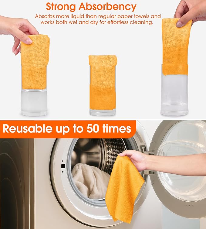 CHAUNCEY HOME Microfiber Cleaning Cloth Roll–100 Pack, Tear Away Microfiber Towels, Reusable, Washable, Scratch-Free, Kitchen Towels for Car, Home, Kitchen, Glass, Dishes(Tangerine Yellow)
