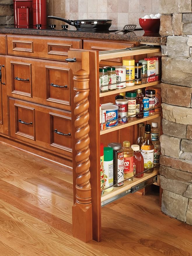 Rev-A-Shelf Pullout Shelf Organizer for Base Kitchen or Bathroom Cabinets, Wood Filler Pantry Storage or Spice Rack, Maple, 9" x 23" x 30", 432-BF-9C