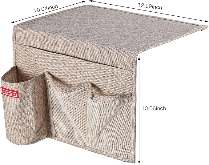 Zafit Linen 4 Pockets Bedside Caddy, Bedside Storage Organizer for Magazine, Remotes, Phone (Beige)