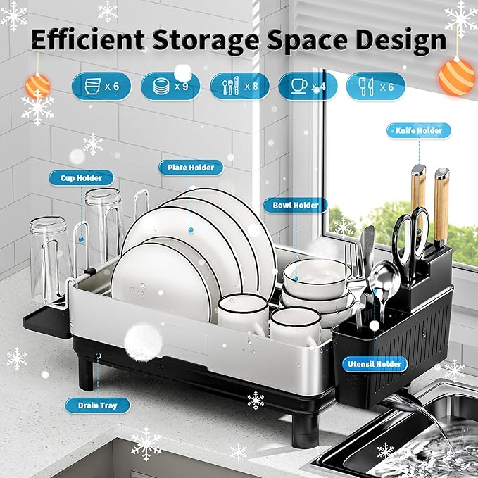Dish Drying Rack, 304 Stainless Steel Dish Racks for Kitchen Counter, Dish Drainers with Automatic Drainage, Utensil Holder & Cups Holder, Space Saving Kitchen Organizer, Black