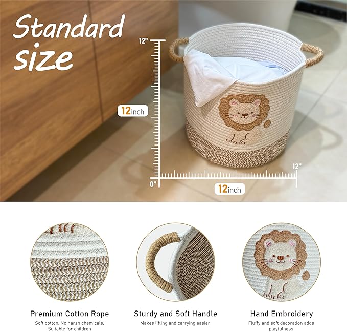 Toy Storage Basket(12"x12"), blanket basket, Cotton Rope Woven Laundry Hamper with Cute Embroidered Lions for Nursery, Living Room, Laundry (Lion)