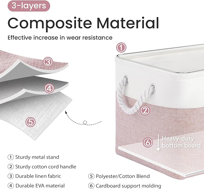 Large Storage Baskets- 15x11x10 inch Storage Bins for Shelves and Closet Organizing, Foldable Fabric Bin for Home Organization Clothes and Laundry (6-Pack, White&Pink)