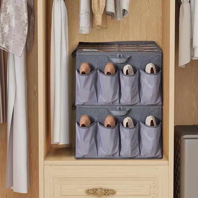 Shoe Organizer for Closet, Shoe Storage Solution with Clear Cover & Adjustable Dividers, Fabric Shoe Box Fits 16 +8 Pairs Shoes, Grey, 2-Pack