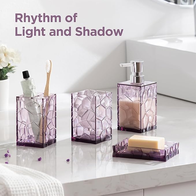 HBlife Bathroom Accessories Set, Lavender Purple Acrylic Bathroom Counter Set with Toothbrush Holder, Soap Dispenser, Tumbler, Soap Dish, Boho Modern Bathroom Decor, Ideal Gift Choice