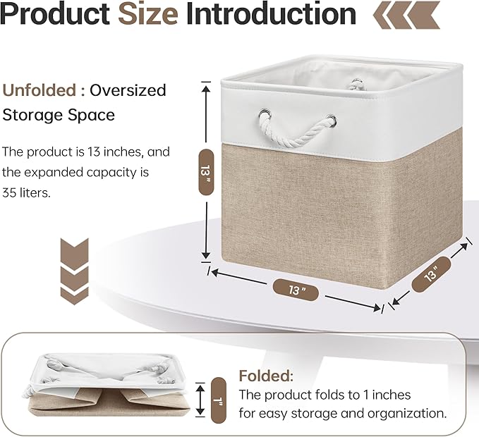 13x13 Inch Cube Storage Bins with Reinforced Bottom Cardboard, 6 Pack Large Foldable Fabric Storage Cubes with Handles for Shelf, Closet, Laundry Organization (White&Khaki)