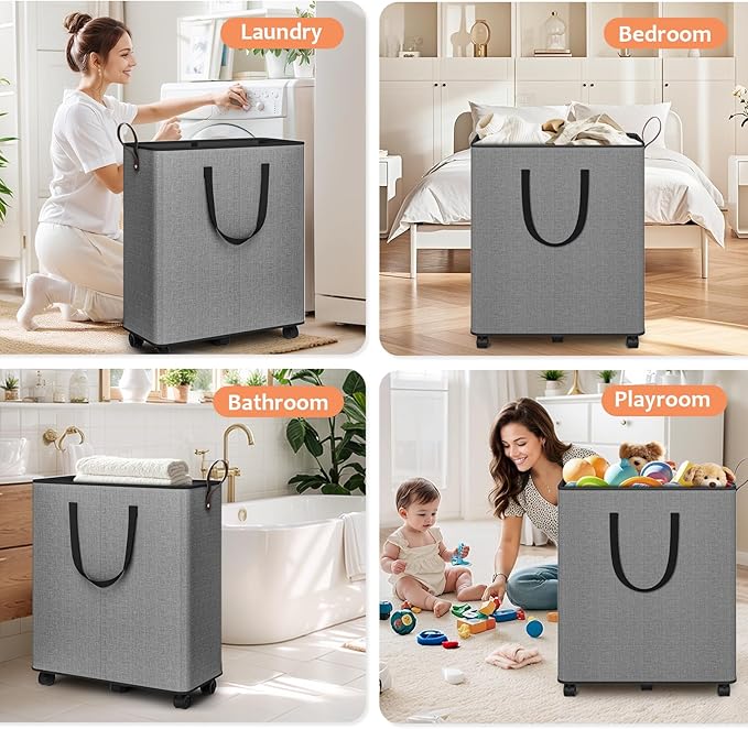 Laundry Basket with Wheels, Collapsible Laundry Baskets, Laundry Hamper with Handles Detachable Wheels, Rolling Laundry Basket, Dirty Clothes Hamper for Bathroom, Dorm, Bedroom, Grey, 136L